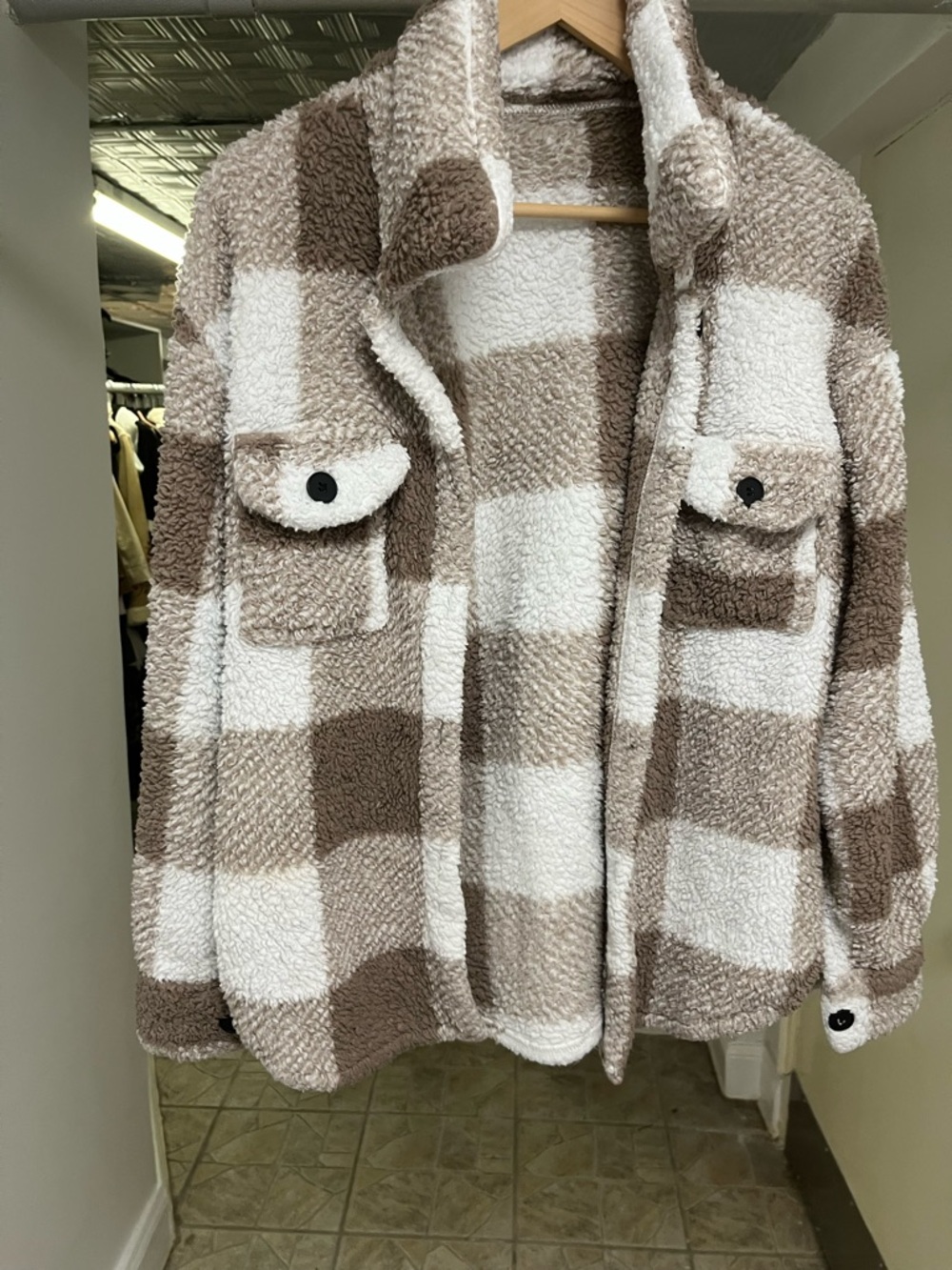 Women's Plush Fluffed Up Check Shacket Brown and Cream